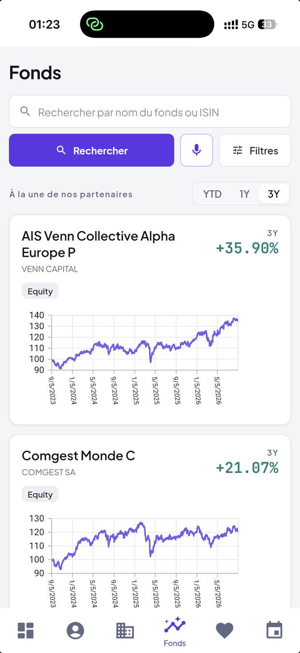 Application mobile Fundscreener — écran de recherche de fonds